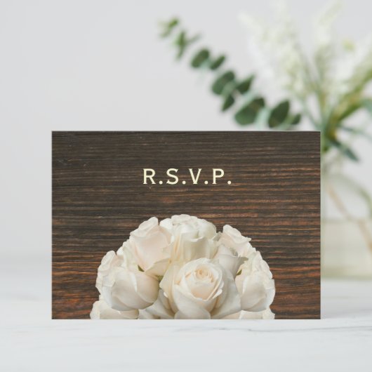 Witte Rozen & Barnwood Rustieke Bruiloft RSVP (Staand voorkant)