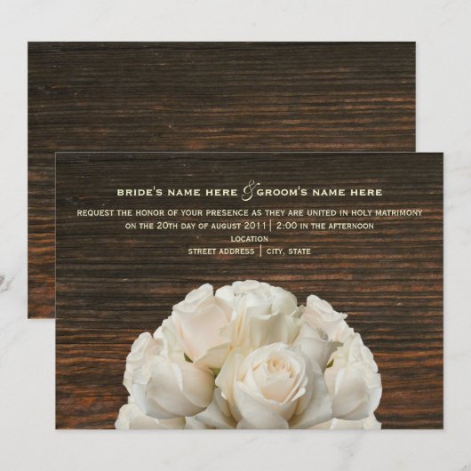 Witte Rozen & Barnwood rustieke bruiloft uitnodigi Kaart (Voorkant / Achterkant)
