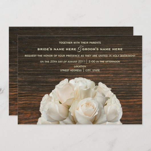 Witte Rozen & Barnwood rustieke bruiloft uitnodigi Kaart (Voorkant / Achterkant)