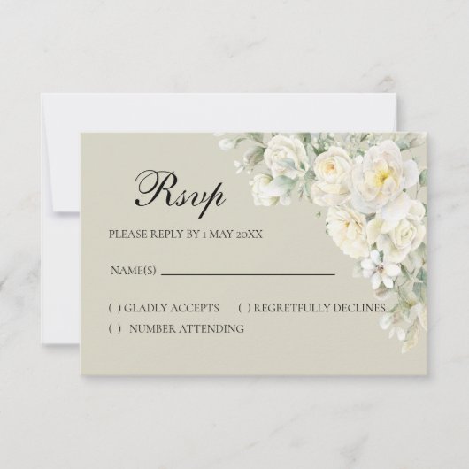 Witte Rozen Beige RSVP kaart (Voorkant)