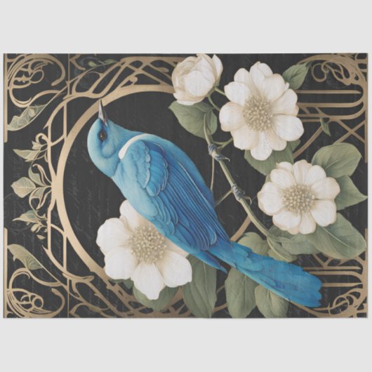 witte rozen blauw vogel art nouveau efemera tissuepapier (Voorkant)