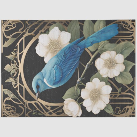  witte rozen blauw vogel art nouveau efemera tissuepapier (Voorkant)