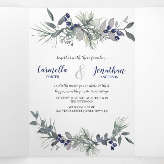 Witte rozen, blauwe bessen, pijnnaalden | drieluik uitnodiging (Binnenkant midden)