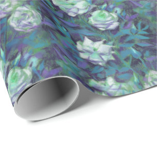 Witte rozen, blauwe bladeren, bloemenpatroon cadeaupapier