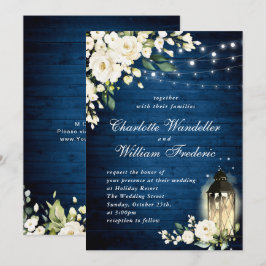 Witte Rozen Blauwe Houten Lantaarn Aquarel Bruilof Kaart