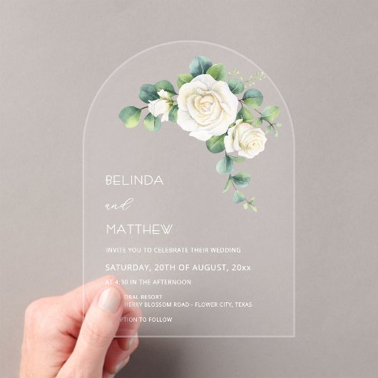 Witte Rozen Bloemboog Helder Acryl Uitnodigingen (Insitu (Draagbaar))