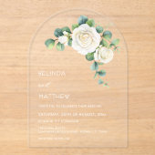 Witte Rozen Bloemboog Helder Acryl Uitnodigingen (Voorkant)
