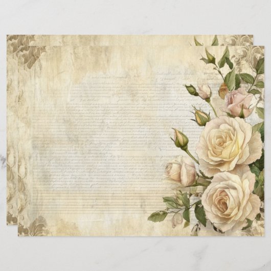 Witte Rozen Bloemen Antiek Papieren Blad (Voorkant / Achterkant)