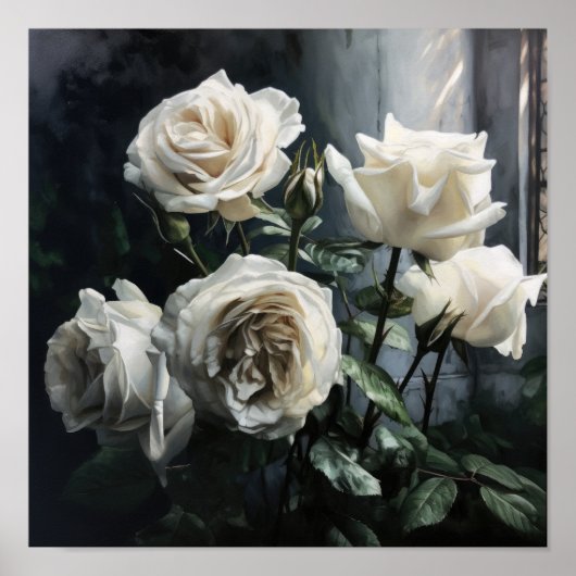 Witte Rozen Bloemen Art Print Poster (Voorkant)