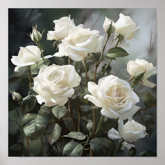 Witte Rozen Bloemen Art Print Poster (Voorkant)