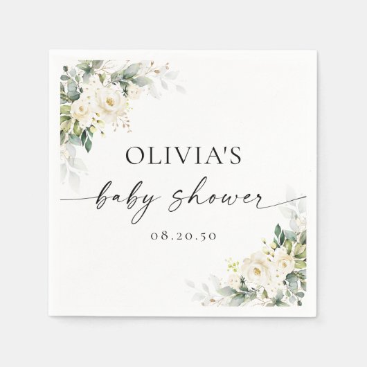 Witte Rozen Bloemen Baby shower Papier Servet (Voorkant)