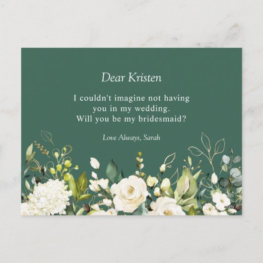 Witte Rozen Bloemen Boeket Wees mijn bruidsmeisje  Feestdagenkaart (Achterkant)