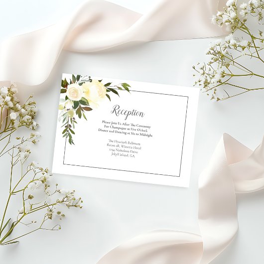 Witte Rozen Bloemen Bruiloft Receptie | Olijfgroen Informatiekaartje