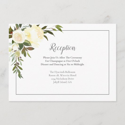 Witte Rozen Bloemen Bruiloft Receptie | Olijfgroen Informatiekaartje (Voorkant)