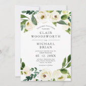 Witte Rozen Bloemen Groen Bruiloft Uitnodiging (Voorkant)