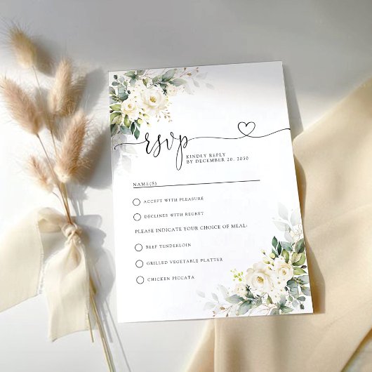 Witte Rozen Bloemen Huwelijk RSVP Kaart