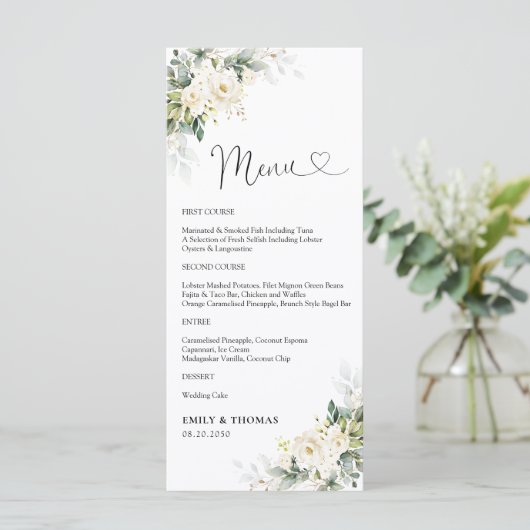 Witte Rozen Bloemen Huwelijksceremonie Menu (Staand voorkant)