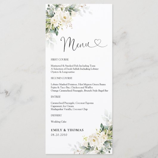 Witte Rozen Bloemen Huwelijksceremonie Menu (Voorkant)