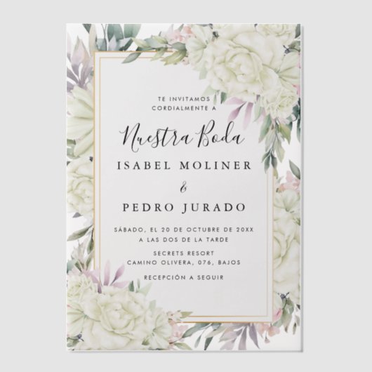 Witte Rozen Bloemen Nuestra Boda Spaanse bruiloft Vellum Uitnodigingen (Voorkant)