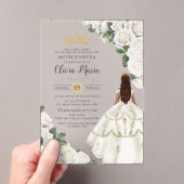 Witte Rozen Bloemen Prinses Gown Goud Quinceañera Acryl Uitnodigingen (Insitu (Draagbaar))