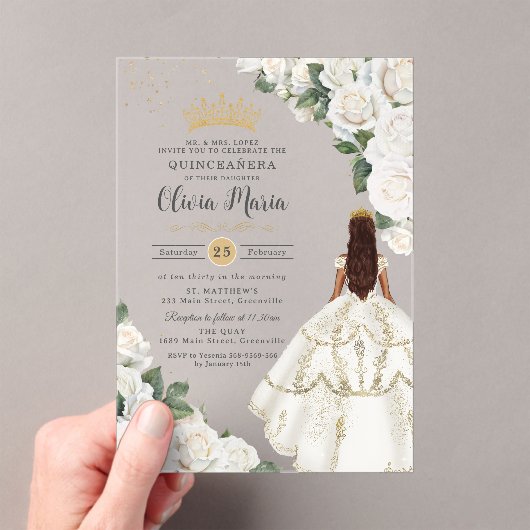 Witte Rozen Bloemen Prinses Gown Goud Quinceañera Acryl Uitnodigingen (Insitu (Draagbaar))