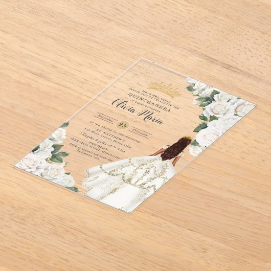 Witte Rozen Bloemen Prinses Gown Goud Quinceañera Acryl Uitnodigingen (Laagn)