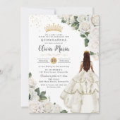 Witte Rozen Bloemen Prinses Gown Goud Quinceañera Kaart (Voorkant)