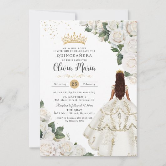 Witte Rozen Bloemen Prinses Gown Goud Quinceañera Kaart (Voorkant)
