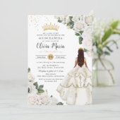 Witte Rozen Bloemen Prinses Gown Goud Quinceañera Kaart (Staand voorkant)