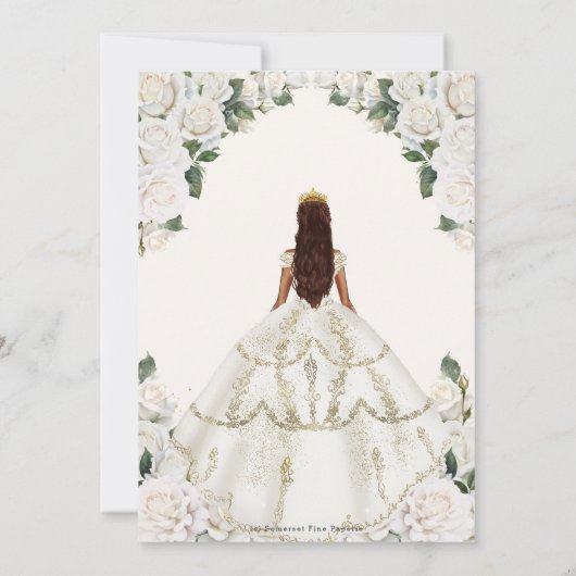 Witte Rozen Bloemen Prinses Gown Goud Quinceañera Kaart