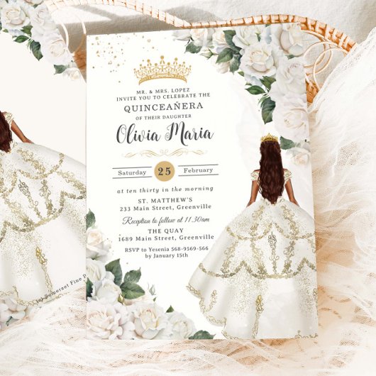 Witte Rozen Bloemen Prinses Gown Goud Quinceañera Kaart
