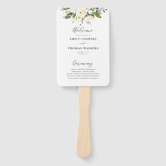 Witte Rozen Bloemen Trouwprogramma Handwaaier (Voorkant)