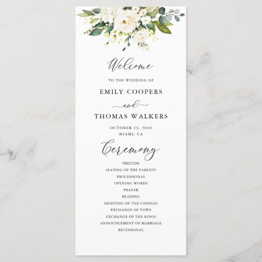 Witte Rozen Bloemen Trouwprogramma Programmakaart (Voorkant)