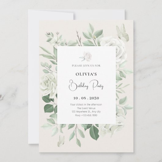 Witte rozen bloemen verjaardag kaart (Voorkant)
