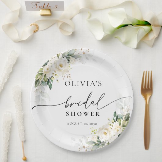 Witte Rozen Bloemen Vrijgezellenfeest Papier Borde Papieren Bordje (Huwelijk)