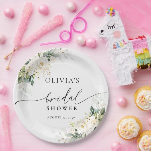 Witte Rozen Bloemen Vrijgezellenfeest Papier Borde Papieren Bordje (Feest)