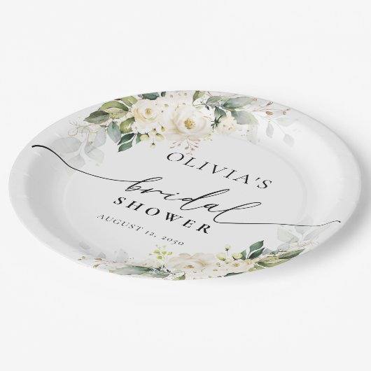 Witte Rozen Bloemen Vrijgezellenfeest Papier Borde Papieren Bordje (Gekanteld)