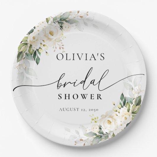 Witte Rozen Bloemen Vrijgezellenfeest Papier Borde Papieren Bordje (Voorkant)