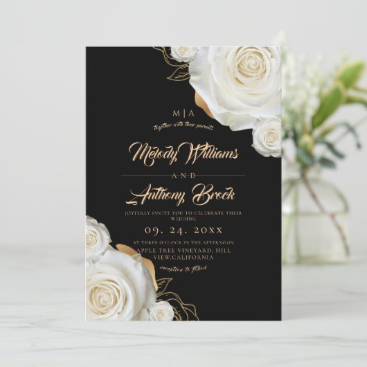 Witte Rozen Bloemen Zwarte Bruiloft Kaart (Staand voorkant)