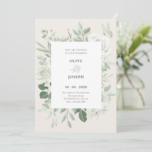 Witte rozen bloemenbruiloft kaart (Staand voorkant)