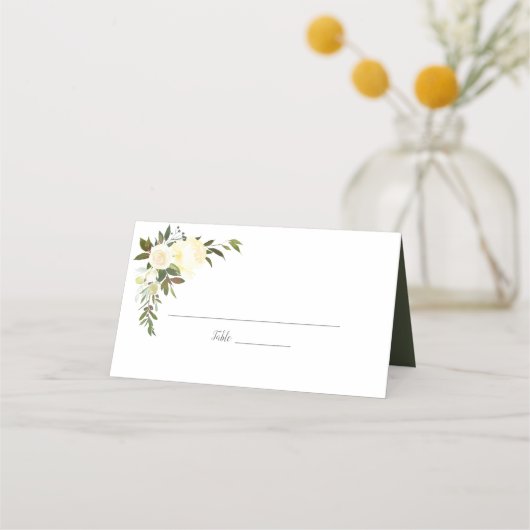 Witte rozen bloemenbruiloft | Olijfgroen Plaatskaartje (Voorkant)