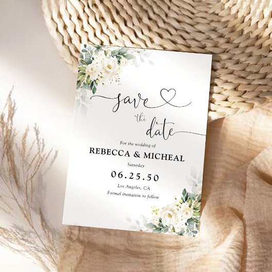 Witte Rozen Bloemige Save The Date Kaart