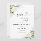 Witte Rozen Bloemige Save The Date Kaart (Voorkant)