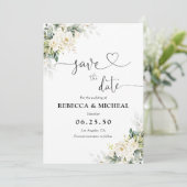 Witte Rozen Bloemige Save The Date Kaart (Staand voorkant)
