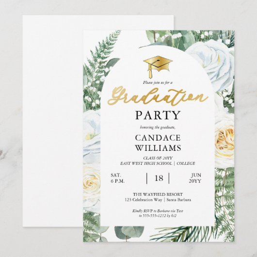 Witte Rozen Bloemstuk Afstudeerfeest Kaart (Voorkant / Achterkant)