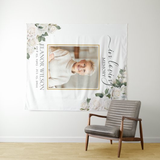 Witte Rozen Bloemstuk Foto Ter Herinnering Wandkleed (In Situ (horizontaal))