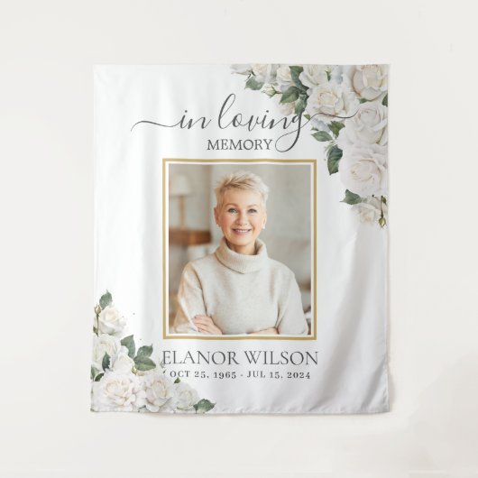 Witte Rozen Bloemstuk Foto Ter Herinnering Wandkleed (Voorkant)