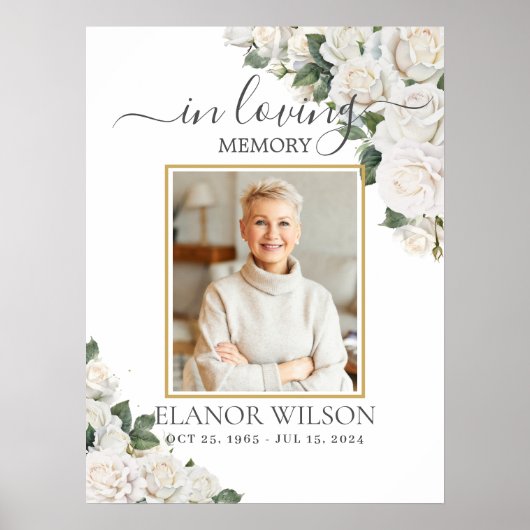 Witte Rozen Bloemstuk Funeral Herdenkingsfoto Poster (Voorkant)