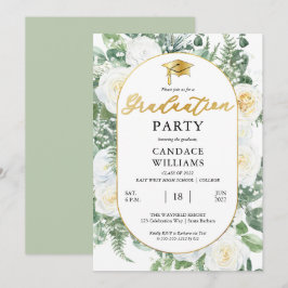 Witte rozen bloemstuk gouden lijst afstudeerfeest  kaart