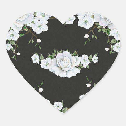 Witte Rozen Bloemstuk & Houtskoolgrijs Elegant Bru Hart Sticker (Voorkant)